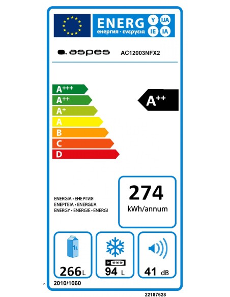 Combi Aspes, Smatfrost, A++/E, 201cm, 59,5cm, 65cm, Inox, Display, Flexi Rack, Zero Clearance