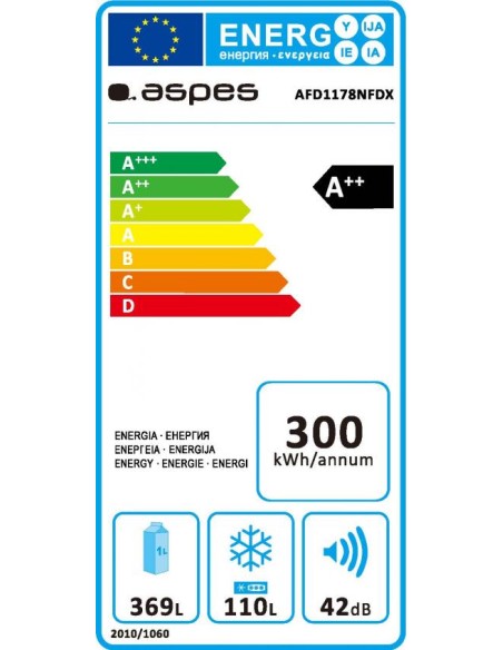 Frigorífico Aspes, No frost, A++/E, 178cm, 79,5cm, 68,6cm, Inox, Display Táctil, Universal