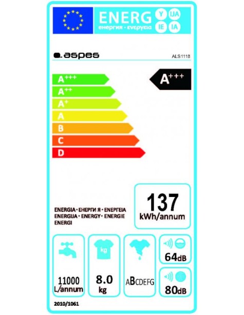 Lavadora 8kg Aspes C. Superior, Inverter,A+++/C...