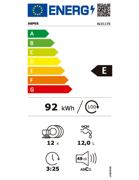 Lavavajillas Aspes, 12 cubiertos, A++/E, 85cm, 59,8cm, 59,8cm, Dark Inox, Display Led, 5P, 52 dB