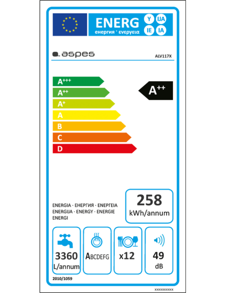 Lavavajillas Aspes, 12 cubiertos, A++/E, 85cm, 59,8cm, 59,8cm, Dark Inox, Display Led, 5P, 52 dB