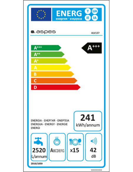 Lavavajillas Aspes, 15 cubiertos 3º Cesta, A+++/D, 85cm,59.8cm,60cm,Blanco,Display Touch,6P,42dB,TFD
