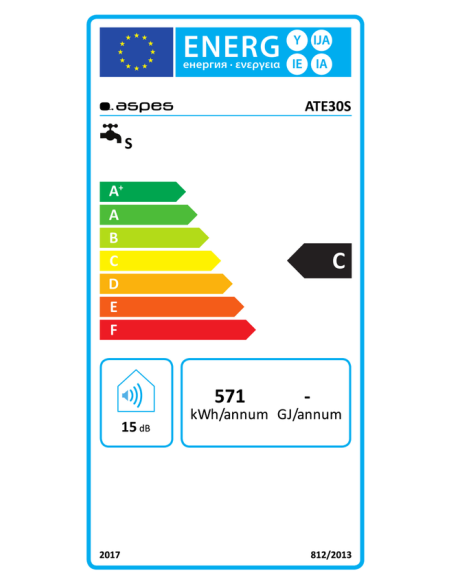 Termo Aspes, Eléctrico, 30L, C, 55.5cm, Ø35.3cm, Blanco, Electrónico, 1.2kW, Slim