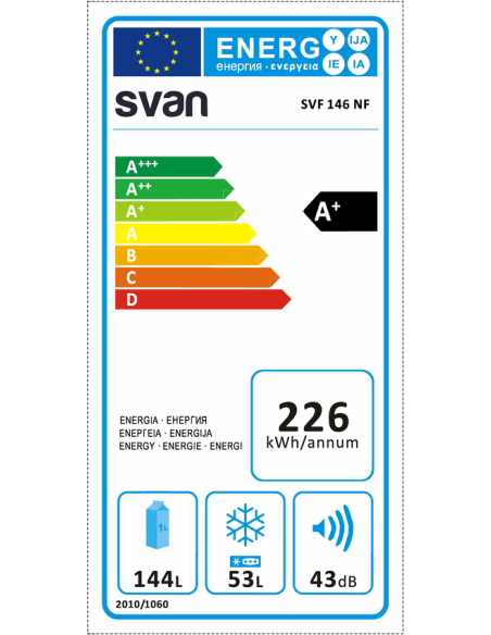 Frigorífico Svan, Nofrost, A+/F, 143cm, 55cm, 60cm, Blanco, Electronico, Zona Chiller