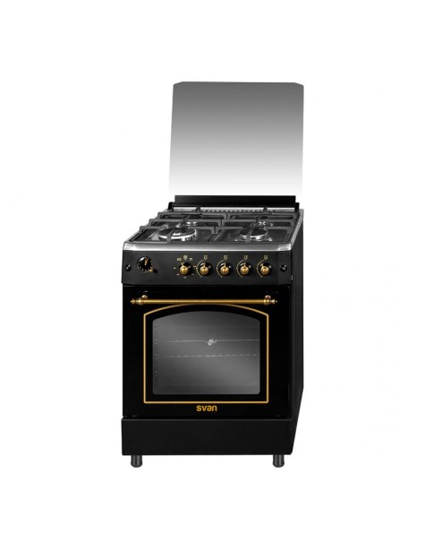 Cocina Svan, Gas, 89cm, 59.7cm, 63cm, Rústica Negra, En.Inox, Tapa Cristal, 4F, Wok, 63L, 3P, KitGas