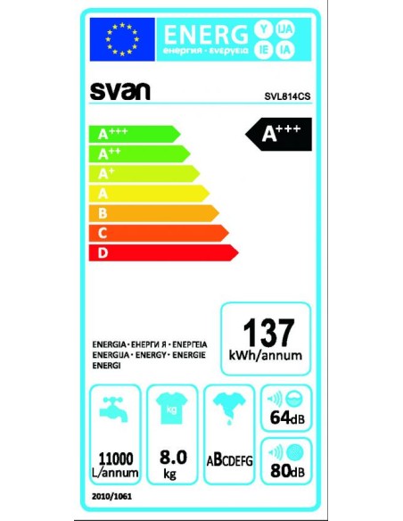 Lavadora 8kg C. Superior Svan, A+++/C, -30%, 1200rpm,87,5cm,40cm,61cm,Blanca,Display Digital
