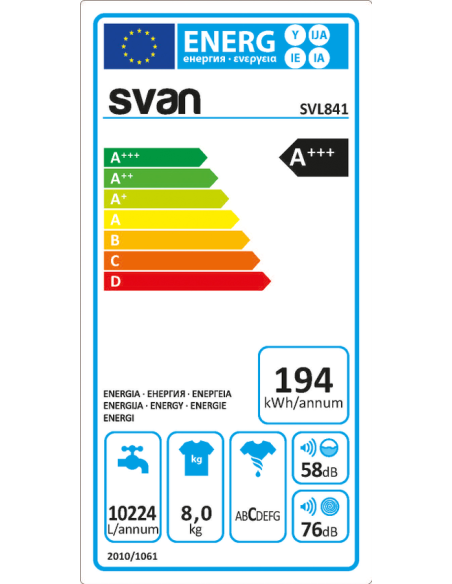 Lavadora 8kg Svan, Universal, A+++/D, 1000 rpm, 84.5cm, 59.7cm, 59cm, Blanca, Display, Antialérgico