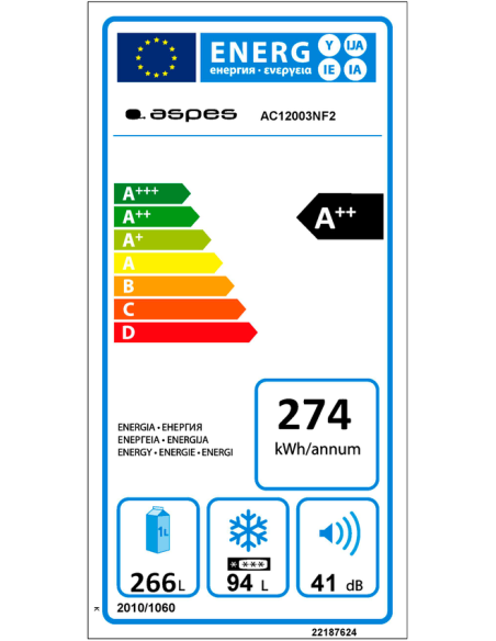 Combi Aspes, Smartfrost, A++/E, 201cm, 59,5cm, 65cm, Blanco, Display, Flexi Rack, 