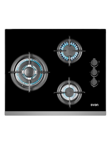 Encimera Svan, Gas Butano, 6.18kW, 10cm, 60cm, 51cm, Cristal Negro, 3F, Wok, Forja, Kit Gas