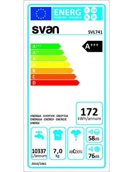 Lavadora Svan, 7kg, 1000rpm, A+++/D, 84.5cm, 59.7cm, 49.7cm, Blanca, Display