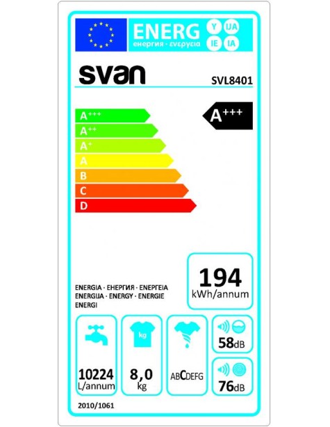 Lavadora 8kg Svan, Universal, A+++ (D) , 1000...