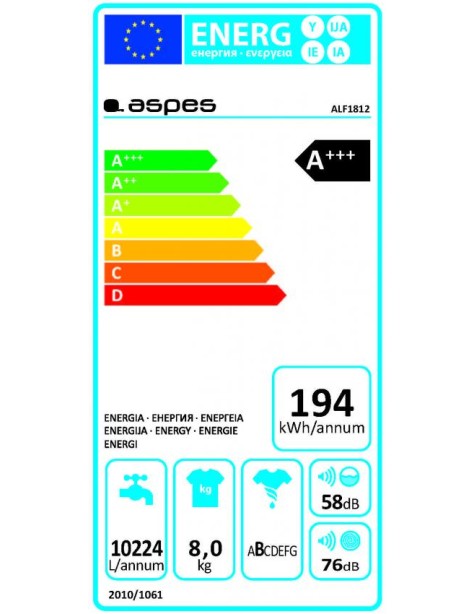 Lavadora Aspes 8kg, A+++/D, 1200 rpm, 84,5cm,...