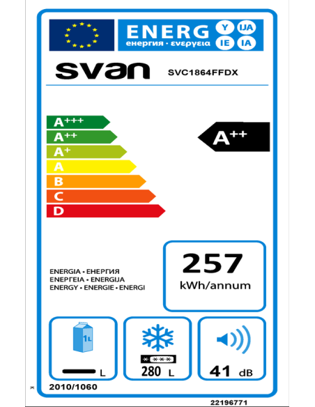 Congelador Svan, Smart Frost, A++/E, 186cm, 59.5cm, 65cm, Inox, Display Táctil, Inverter, Puerta90º 