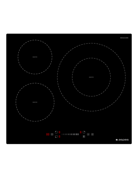 Placa Inducción Aspes 7200W 5,8cm 59cm 52cm Cristal negro Slider 3Z Doble Corona Booster 